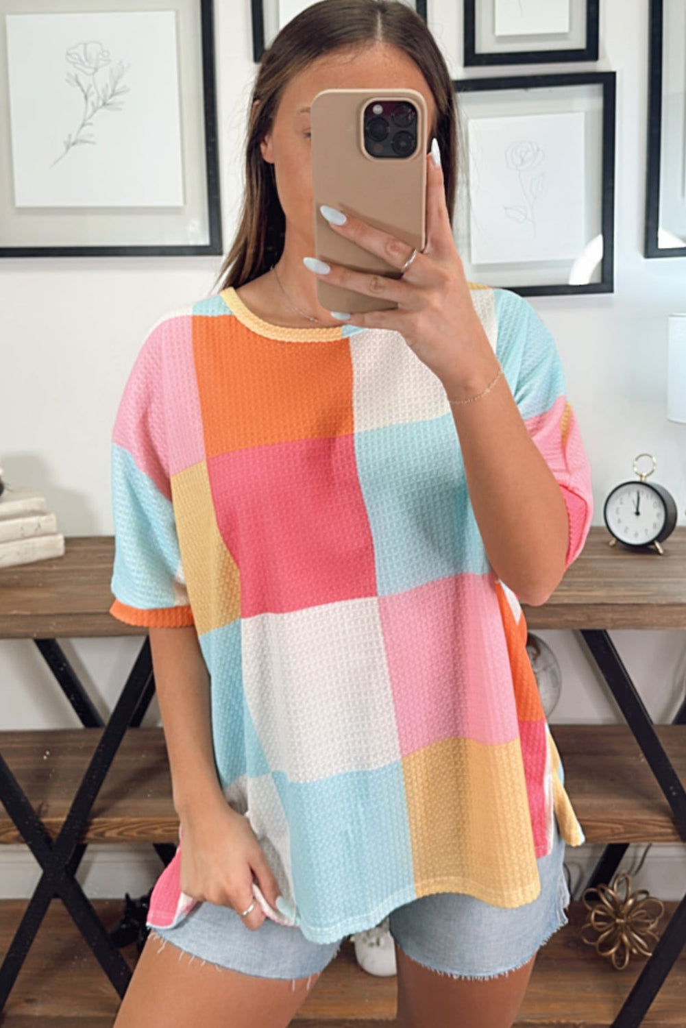 Light Blue Waffle Knit Colorblock Loose T Shirt