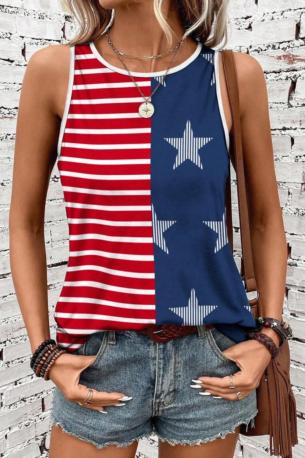 Red USA Flag Printed Round Neck Tank Top