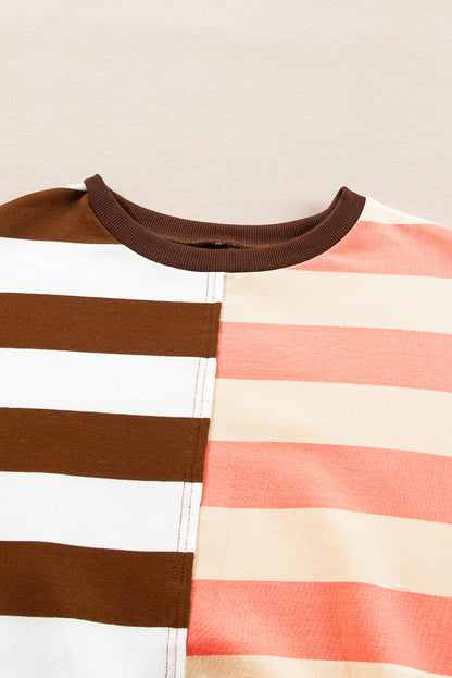 Brown Stripe Color Block Drop Shoulder Pullover Sweatshirt