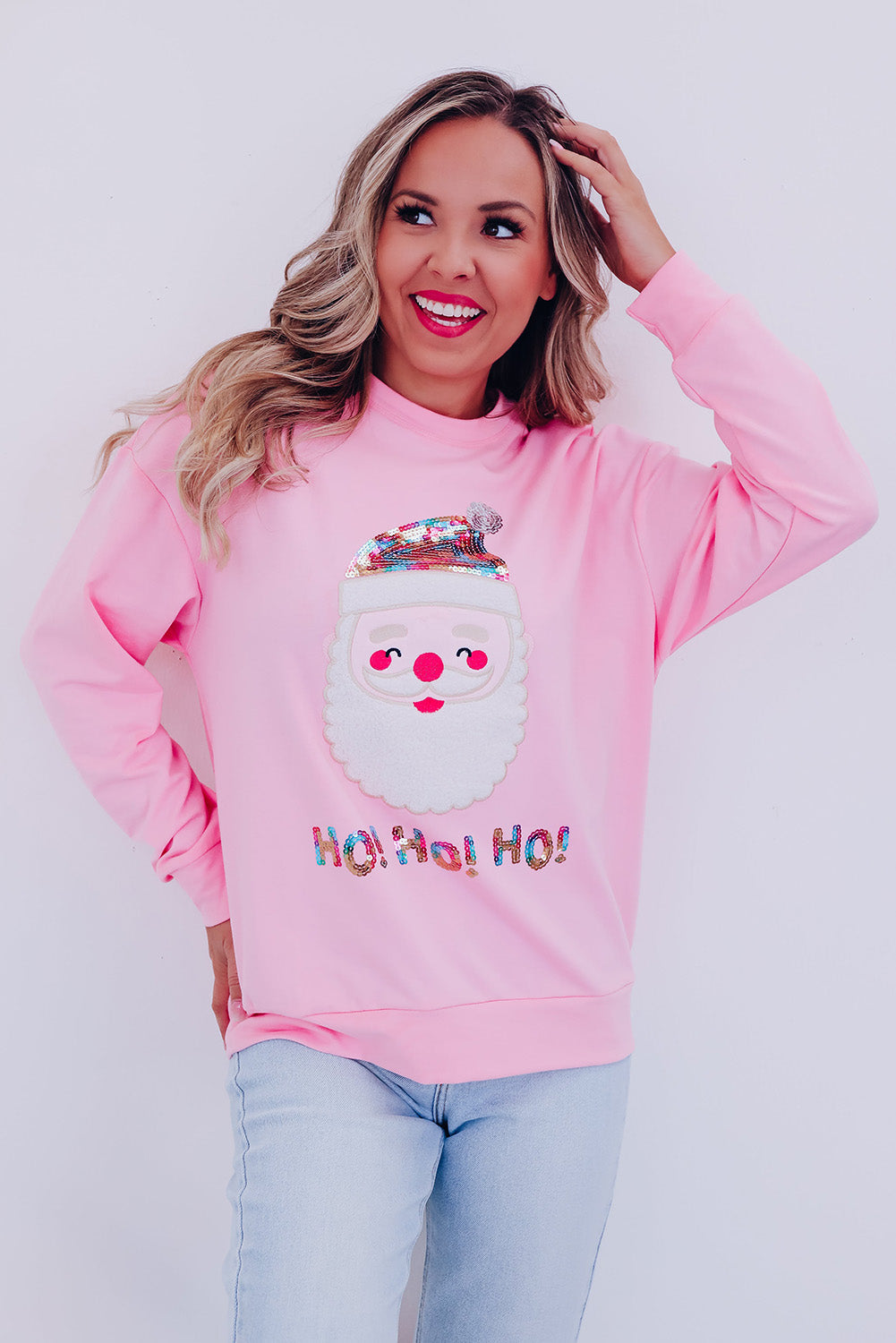 Pink HO HO HO Sequined Santa Claus Sweatshirt