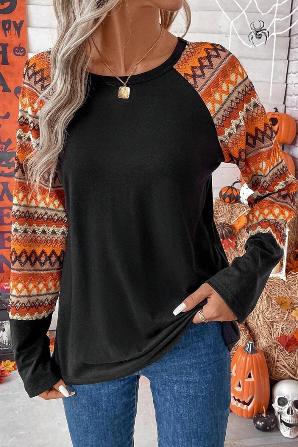 Orange Geo Print Raglan Patchwork Long Sleeve Tee