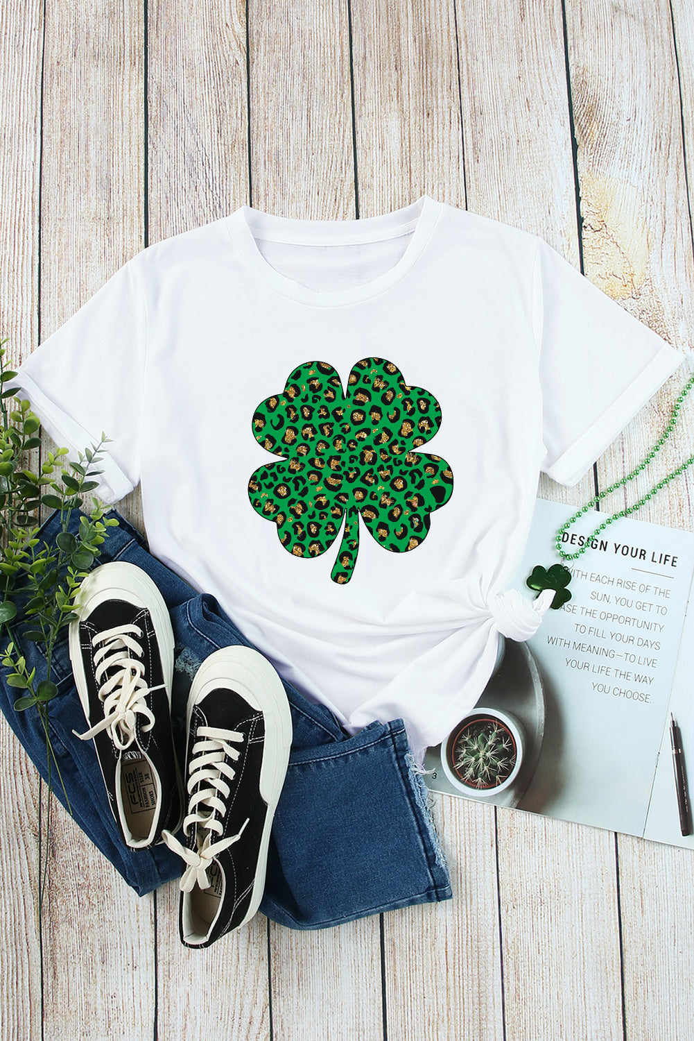 White Leopard Four Leaf Clover T-Shirts