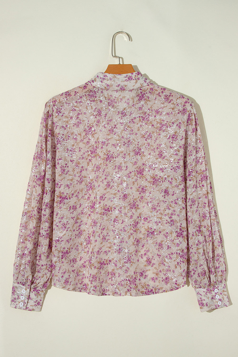 Pink Floral Print Bishop Sleeve Collared V Neck Shirt