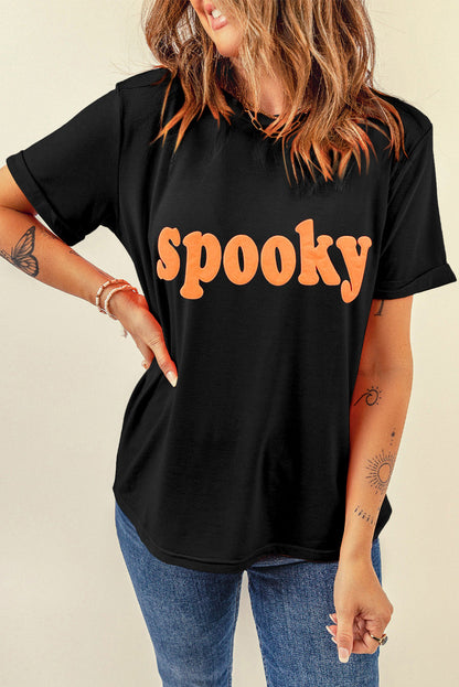 Black Halloween Spooky Crew Neck Casual T-Shirts