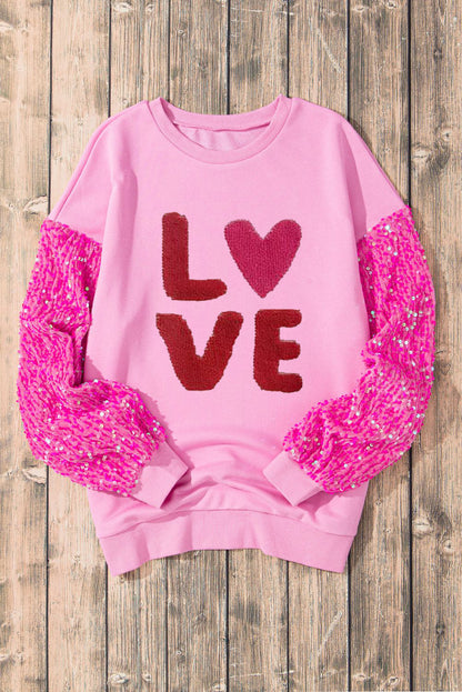 Pink Valentines LOVE Chenille Embroidered Sequin Sleeve Sweatshirt