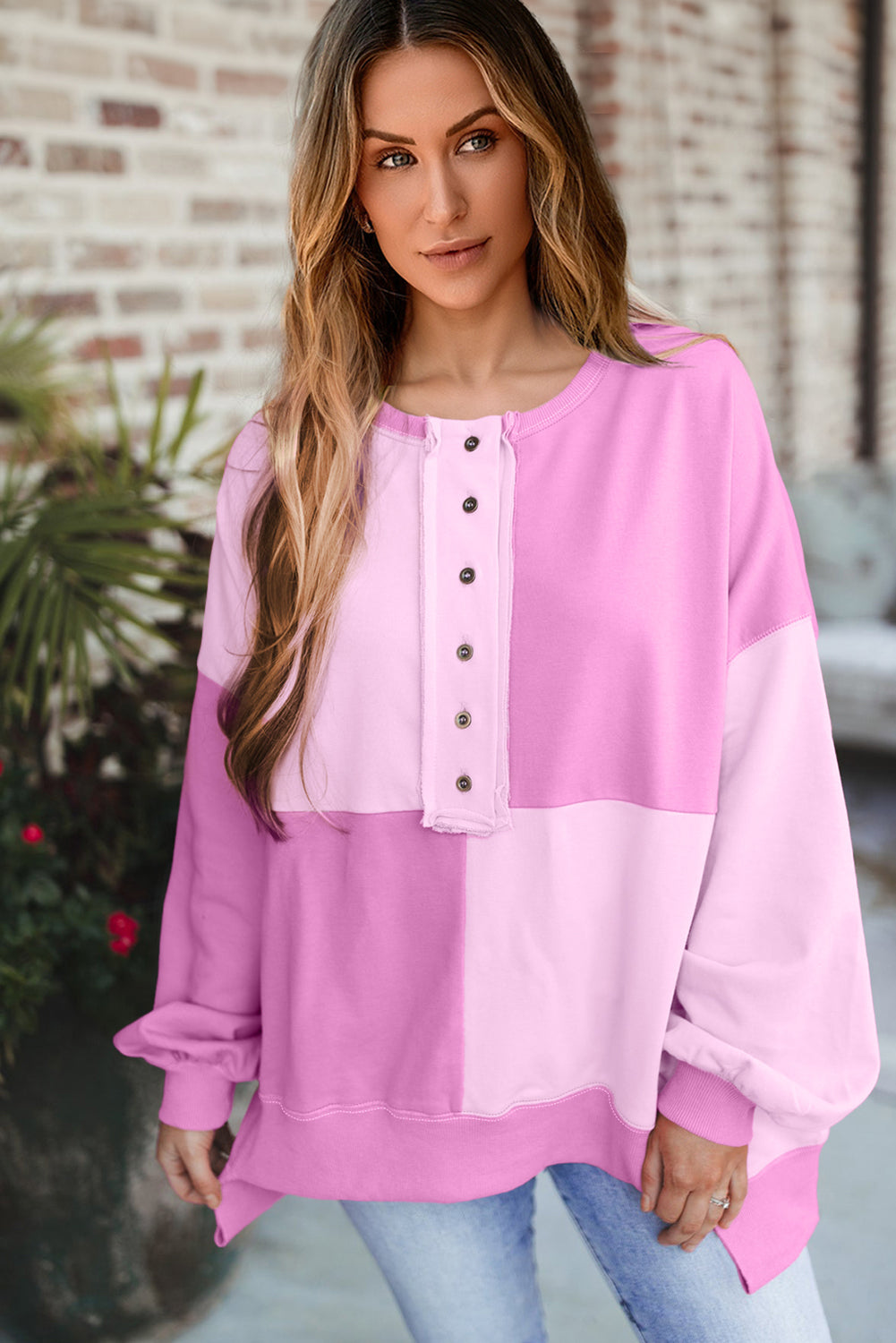 Pink Colorblock Henley High Low Oversize Sweatshirt