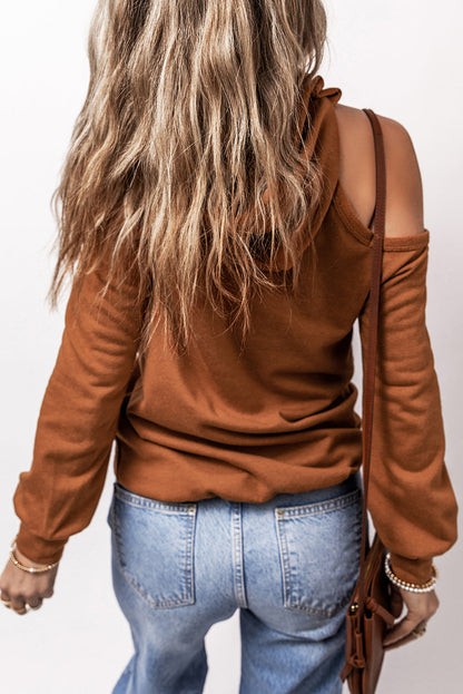 Cinnamon Exposed Seam Cold Shoulder Drawstring Hoodie