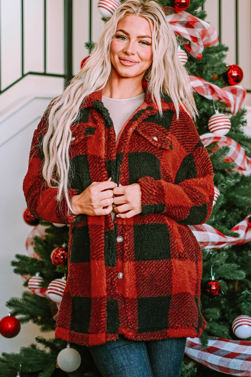 Brown Fuzzy Plaid Flap Button Up Midi Coat