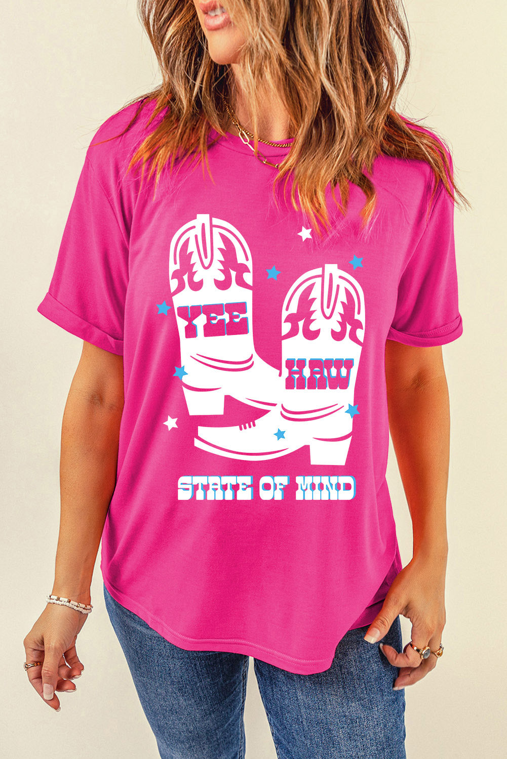 Rose Red YEE HAW Boots Graphic Short Sleeve Top