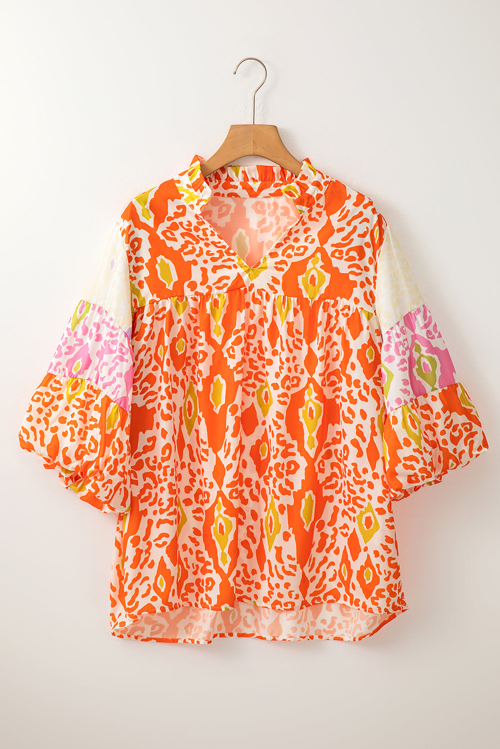 Orange Leopard Colorblock Puff Sleeve Split Neck Blouse