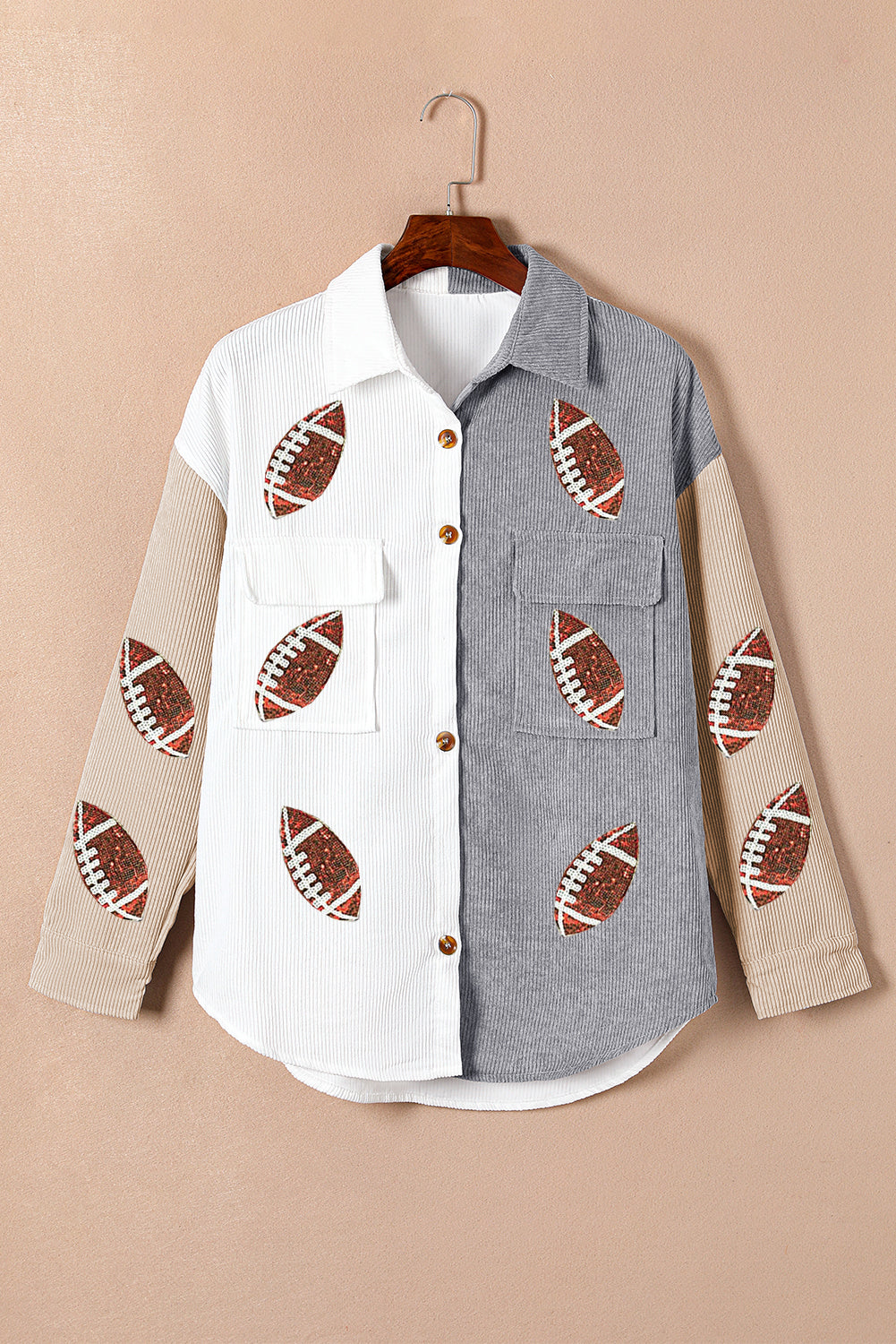 White Sequin Rugby Graphic Flap Pockets Corduroy Shacket