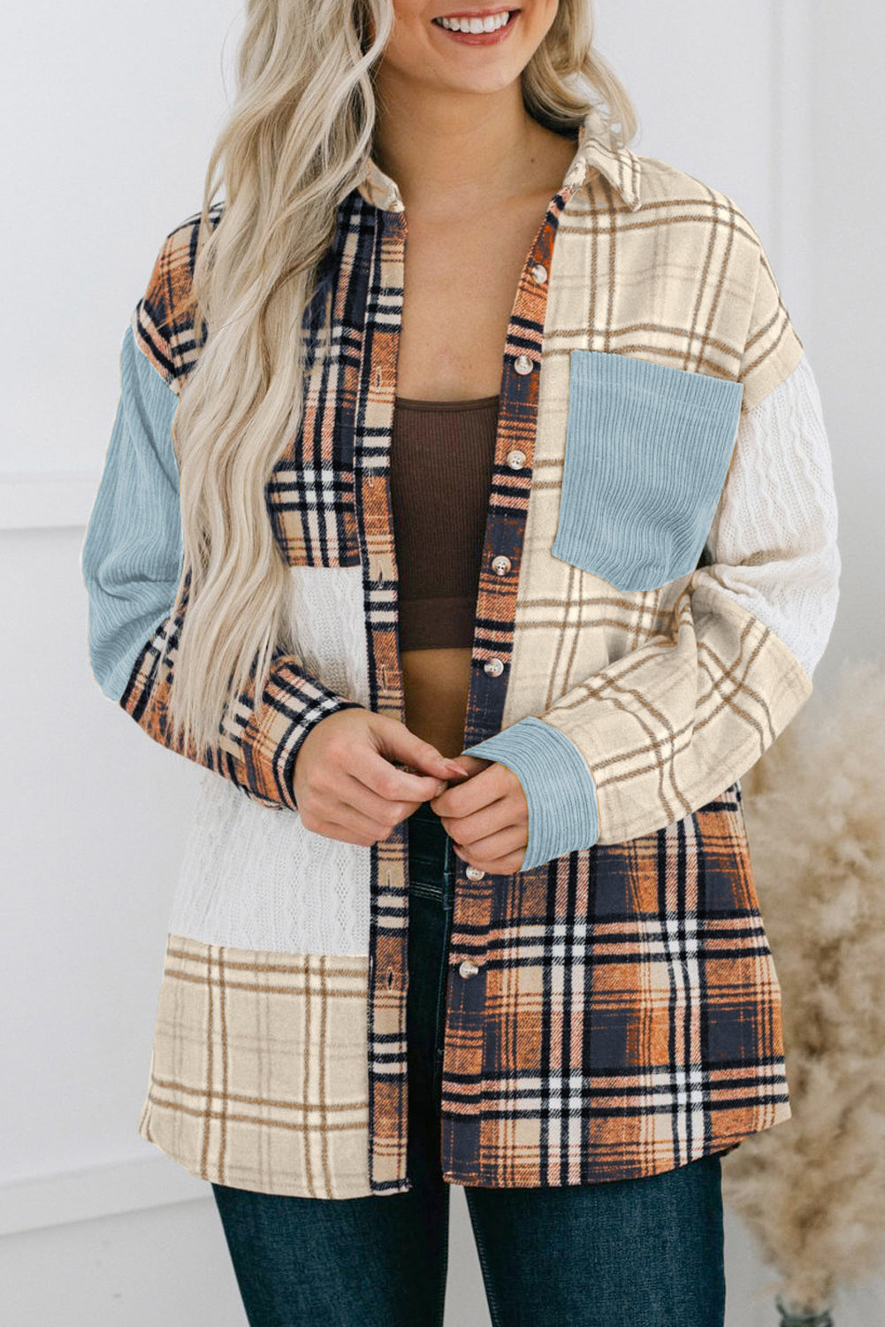 Blue Plaid Color Block Patchwork Shirt Jacket with Pocket