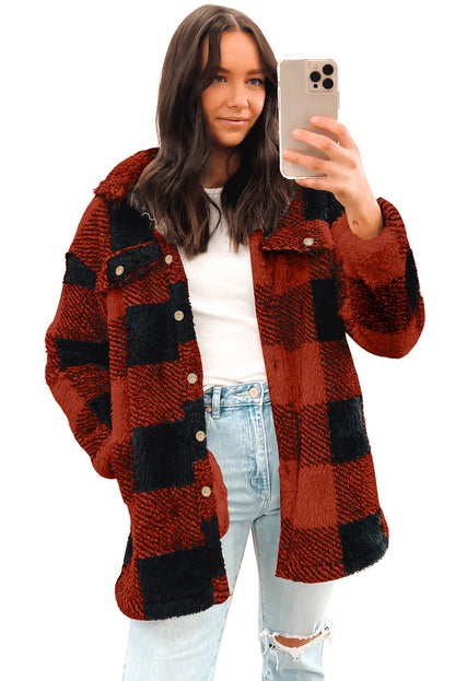 Brown Fuzzy Plaid Flap Button Up Midi Coat