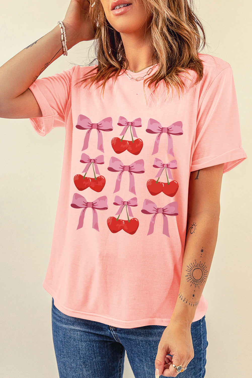 Pink Bow Cherry Print Crew Neck Casual T Shirt