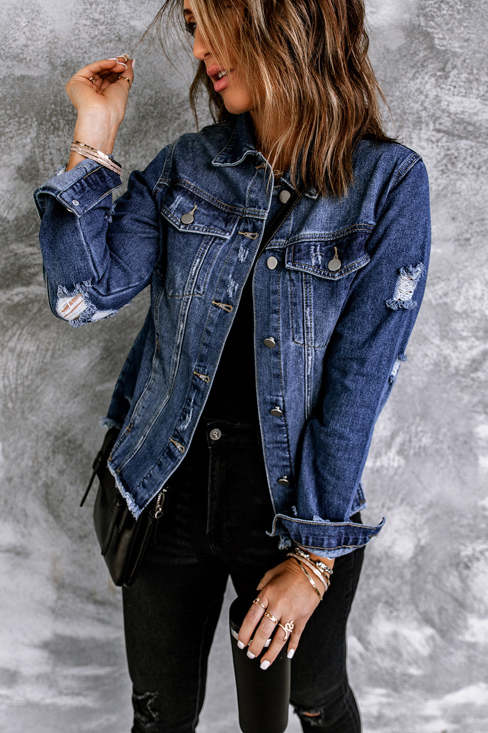 Blue Lapel Distressed Raw Hem Buttons Denim Jacket