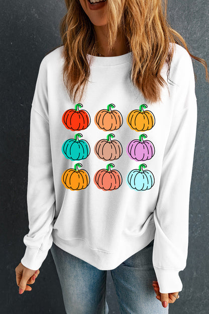 Beige Vibrant Pumpkins Print Crew Neck Halloween Sweatshirt