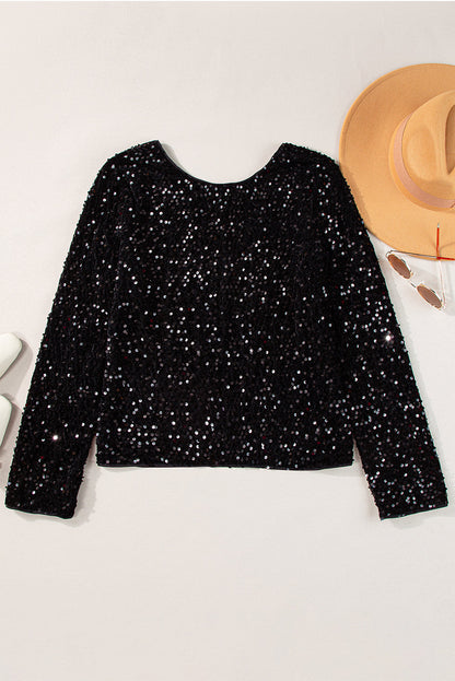 Black Sequin Long Sleeve Cutout Back Top