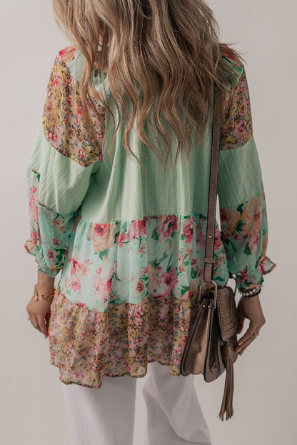 Green Printed Floral Patchwork Frilled Split Neck Blouse