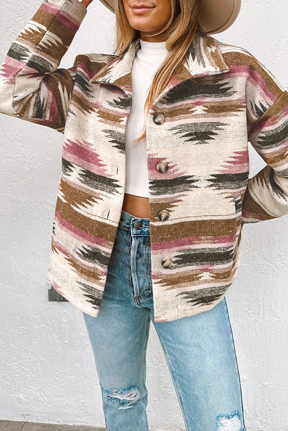 Multicolor Aztec Print Button Up Long Sleeve Jacket