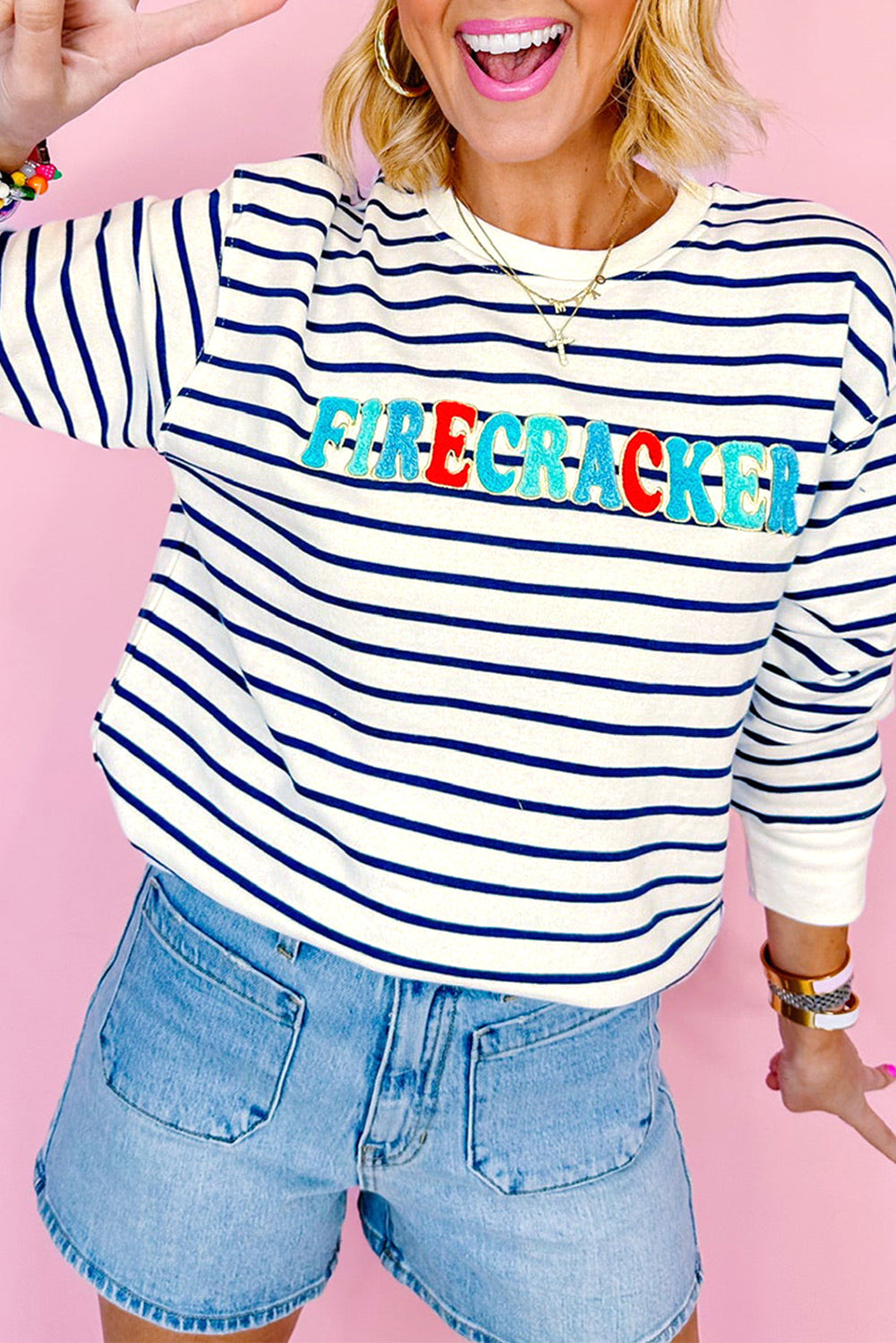 Blue Stripe Chenille FIRECRACKER Embroidered Sweatshirt