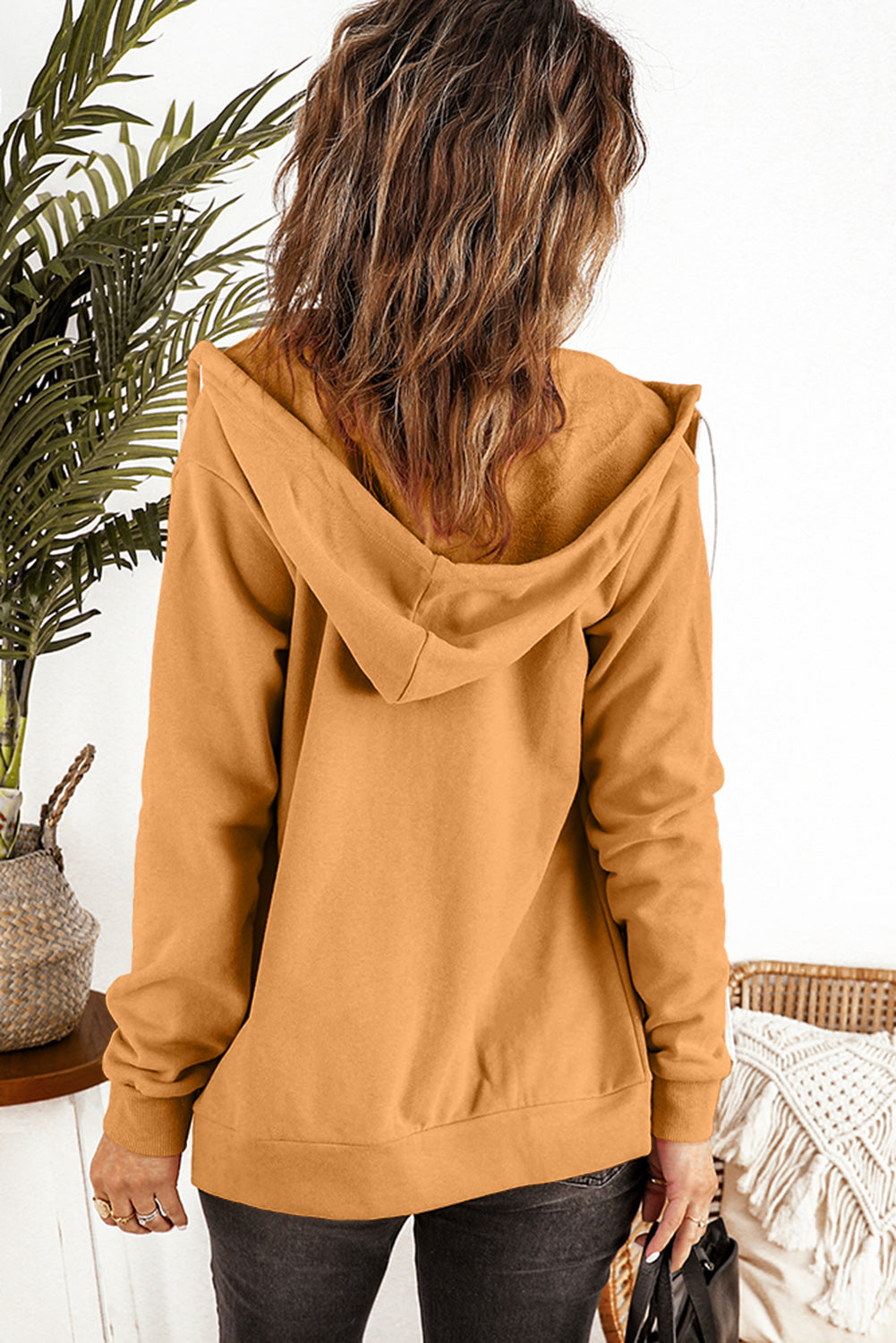 Brown Zip-Up Pocket Drawstring Hoodie Jacket