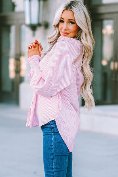 Pink Smocked Cuffed Striped Boyfriend Shirt with Pocket