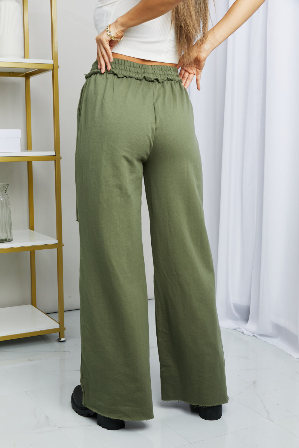 Zenana Full Size Drawstring Waist Distressed Wide Leg Pants in LT Olive