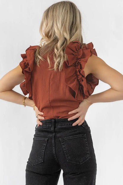 Red Sandalwood Ruffle Trim Sleeveless Blouse