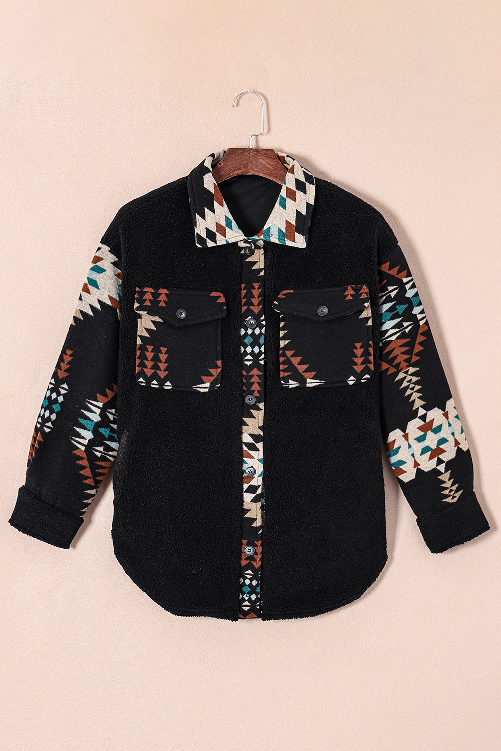 Black Western Aztec Print Accent Fleece Shacket