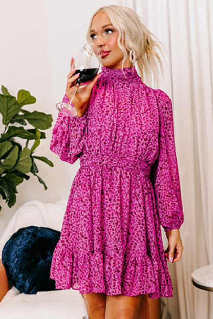 Rose Leopard Puff Sleeve Knotted High Neck Ruffle Dress