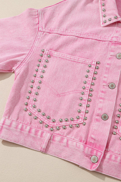 Pink Rivet Studded Pocketed Denim Jacket