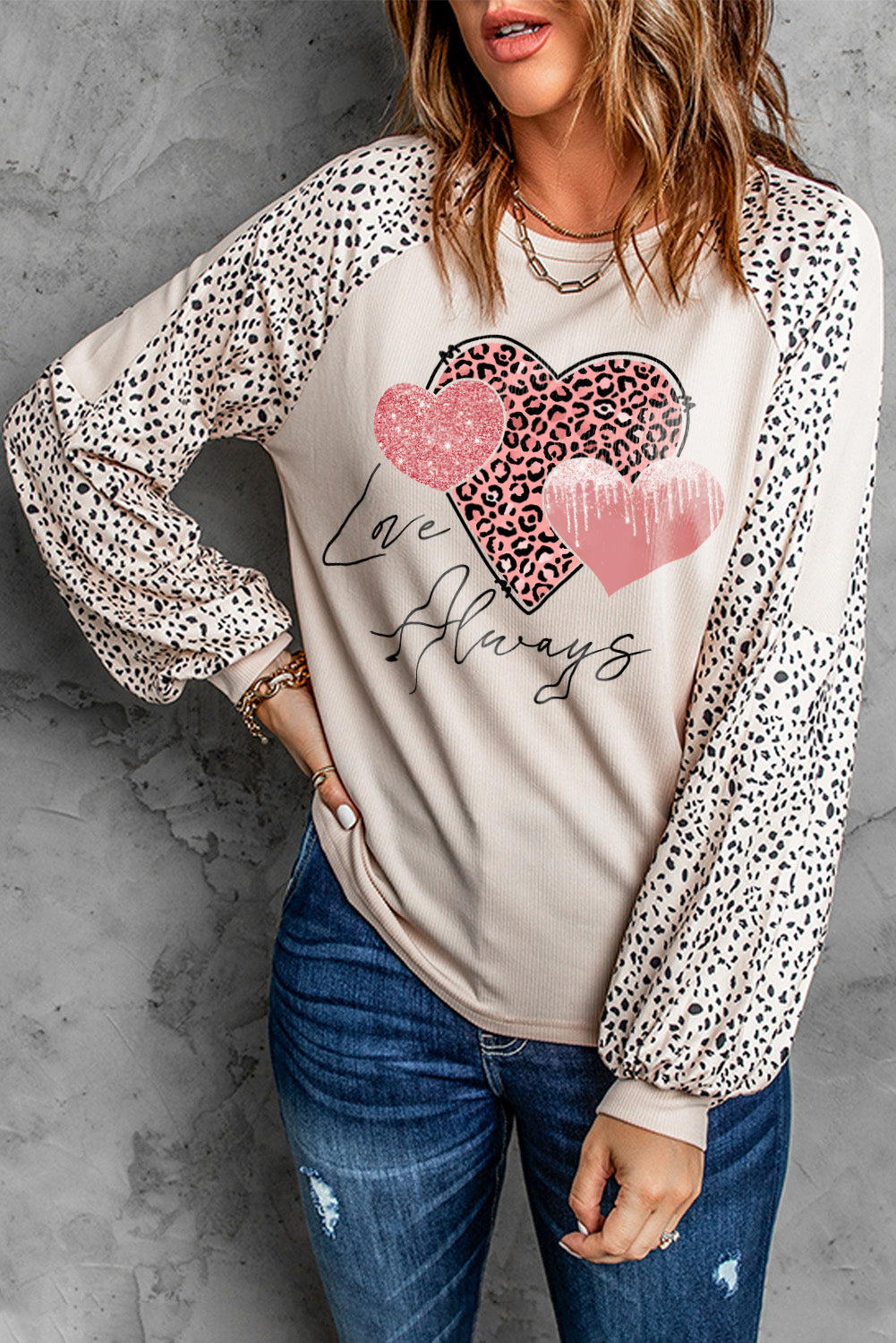 Khaki Love Always Heart Leopard Color Block Top