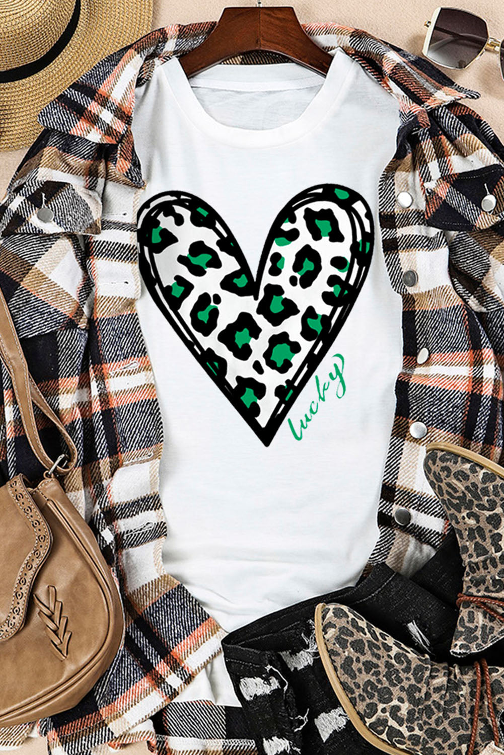 White Lucky Leopard Heart Print St Patricks Day T Shirt