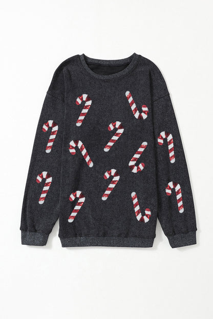 Black Xmas Candy Cane Sequin Graphic Corded Sweatshirt