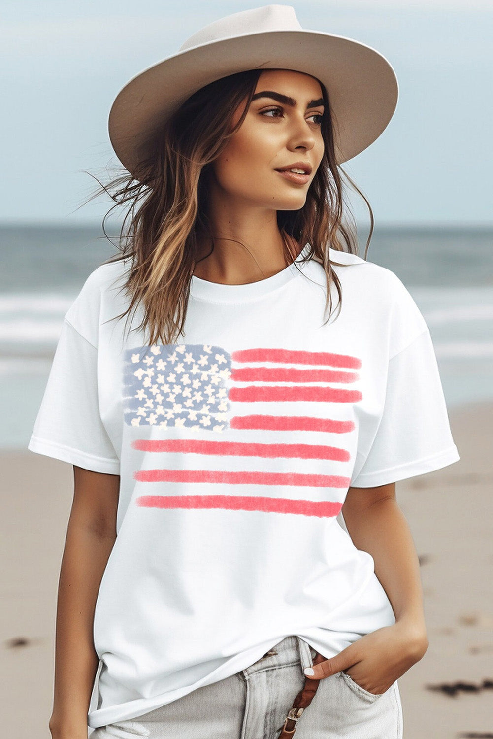 White American Flag Pattern Crew Neck Short Sleeve Tee