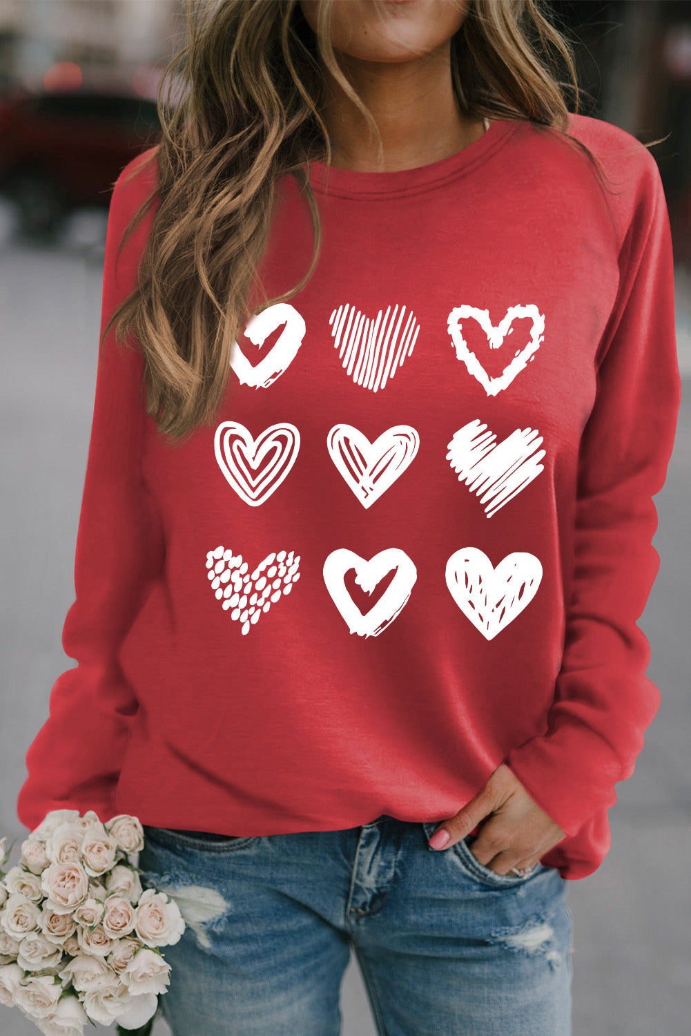 Fiery Red Hearts Print Crewneck Long Sleeve Sweatshirt