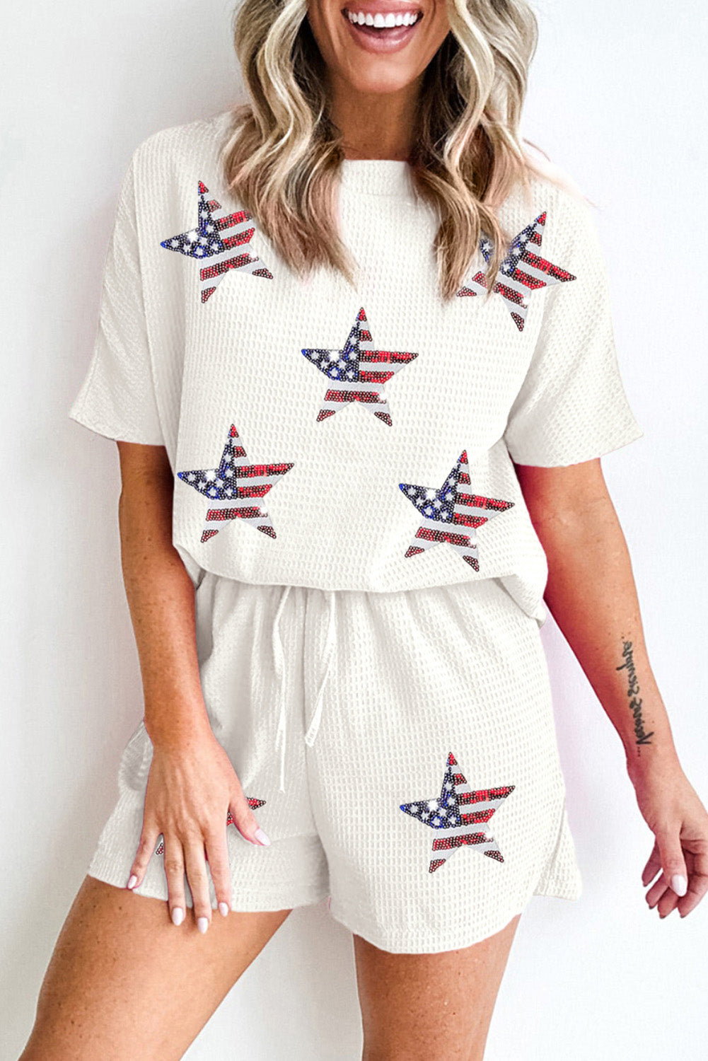 Star Spangled Sequin White Waffle Knit Shorts Set