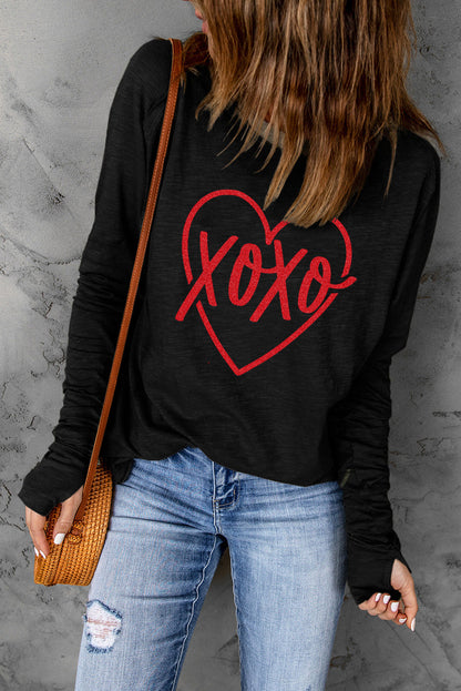 Black XOXO Heart Shaped Print Long Sleeve Top