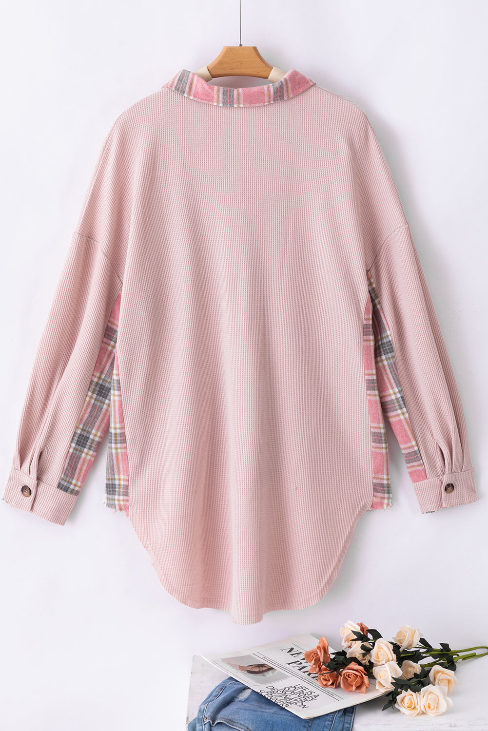 Apricot Pink Plaid Raw Edge High Low Waffle Knit Oversized Shacket