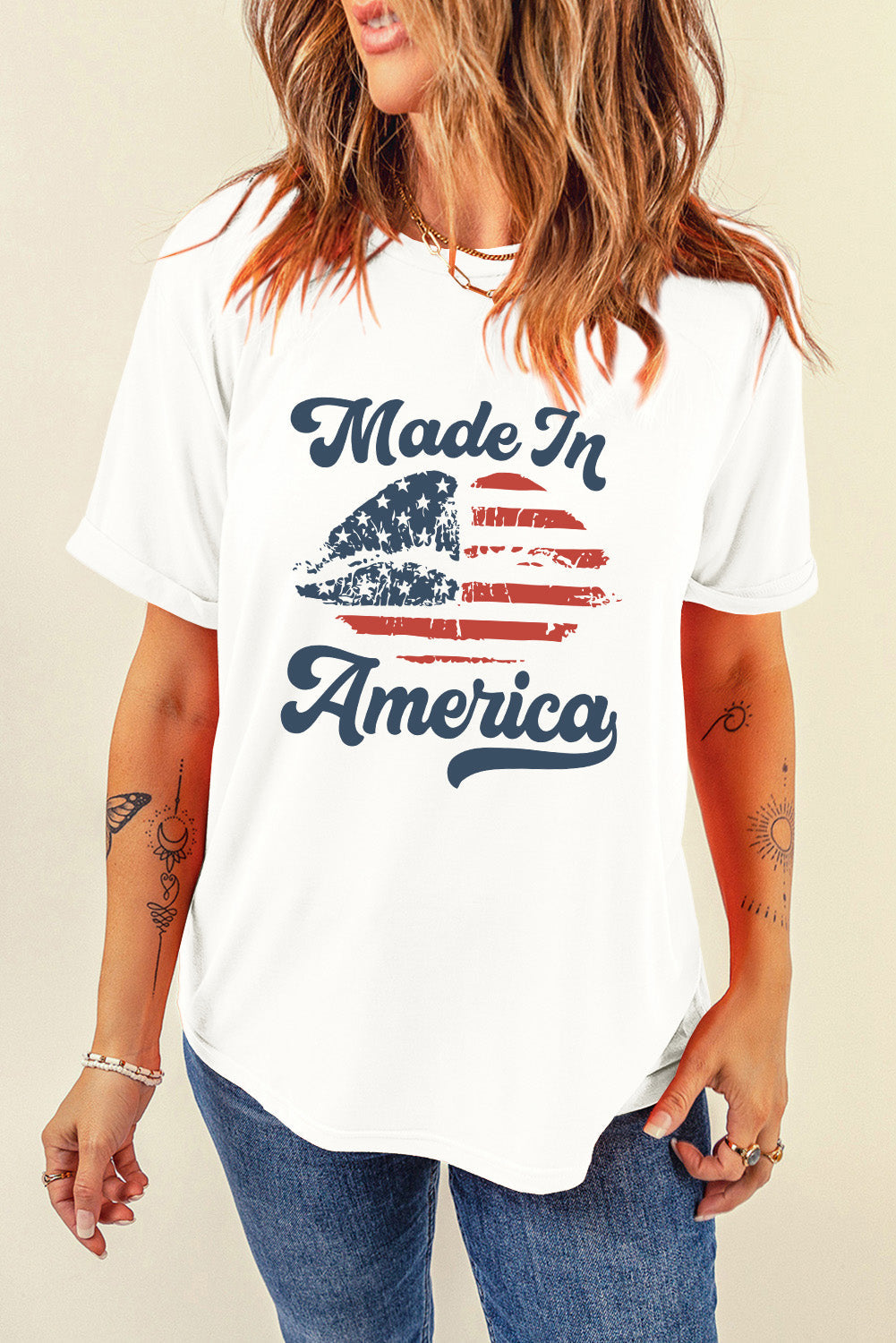 White Made in America Lip Printed O Neck T Shirt