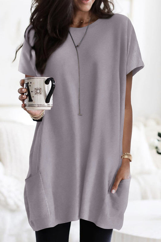 V-neck Short Sleeve Solid Color Loose Dress