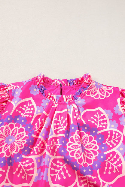 Rose Floral Print Frilled Neck Smocked Puff Sleeve Blouse