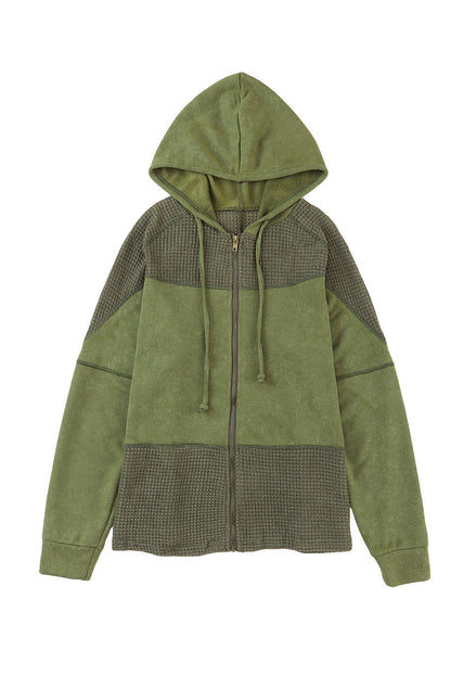 Green Waffle Patchwork Vintage Washed Hooded Jacket