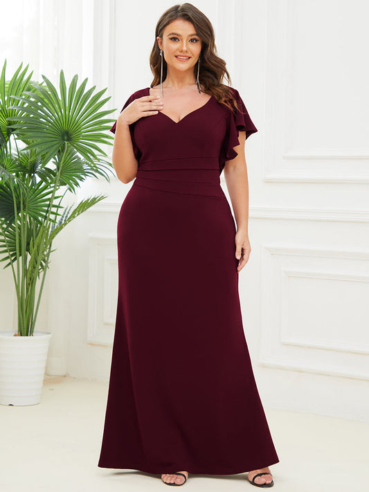 Short Ruffles Sleeves Fishtail Deep V Neck Wholesale Evening Dresses