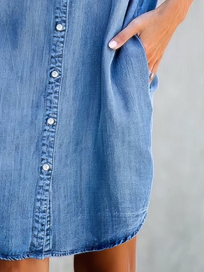 Midi Dresses - Button Short Sleeve Denim Shirt Dress - MsDressly