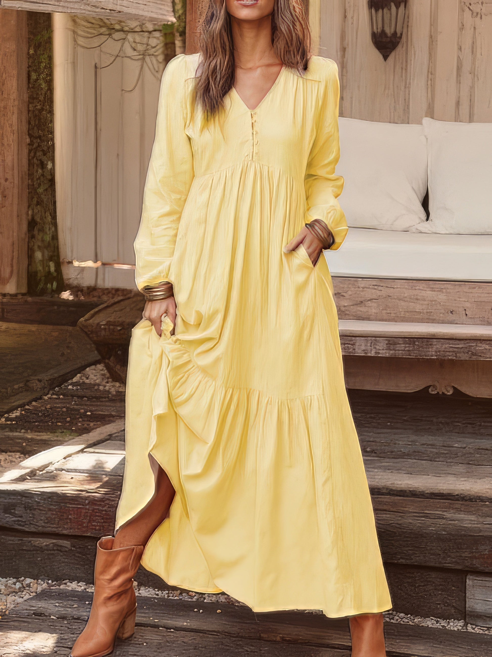 Maxi Dresses - Casual Long-sleeved Dress With Big Swing - MsDressly