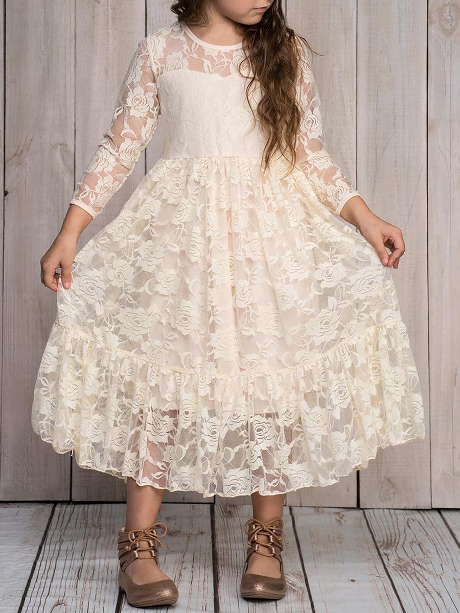 Pure Lace Long-Sleeve Round Neckline Flower Girl Dress