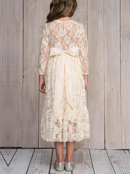 Pure Lace Long-Sleeve Round Neckline Flower Girl Dress