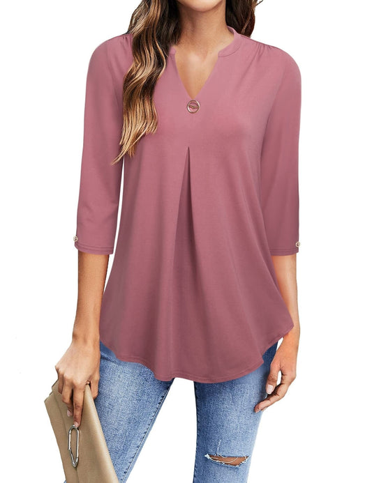 Casual V-Neck Loose Fit Blouse with Mid-Length Sleeves