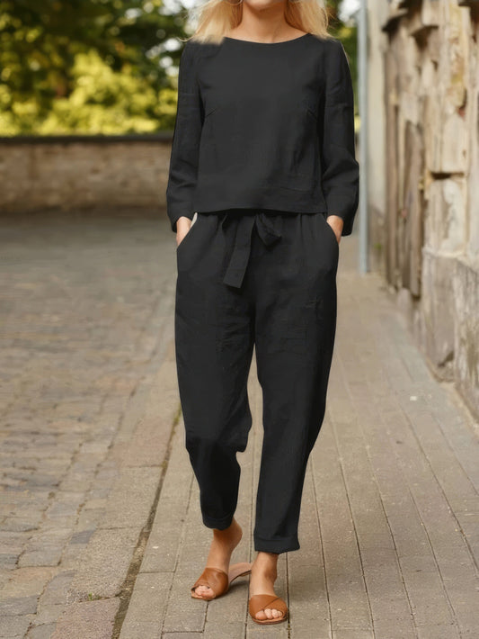 Chic Belted Pocket Trousers & Solid Long Sleeve Top Suit